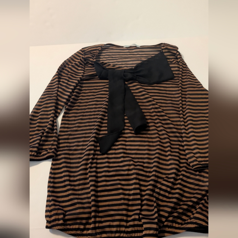 Robin's Nest Striped Black and Brown Sheer Blouse Maternity Top